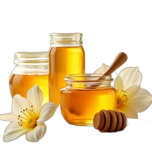 jars, honey, dipper, white transparent PNG cut-out