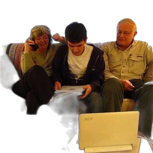 family, sits, couch, laptop transparent PNG cut-out