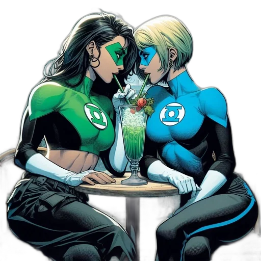 comic book art, green, two, female transparent PNG cut-out
