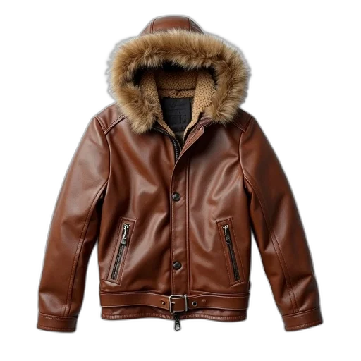 jacket, brown, leather, fur-lined transparent PNG cut-out