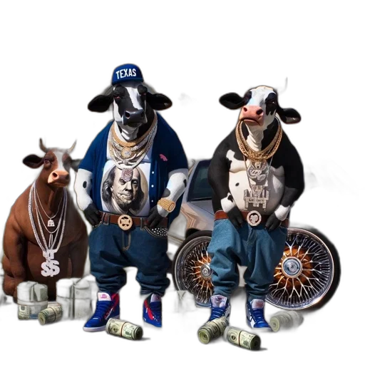 concept art, four, cows, dressed transparent PNG cut-out