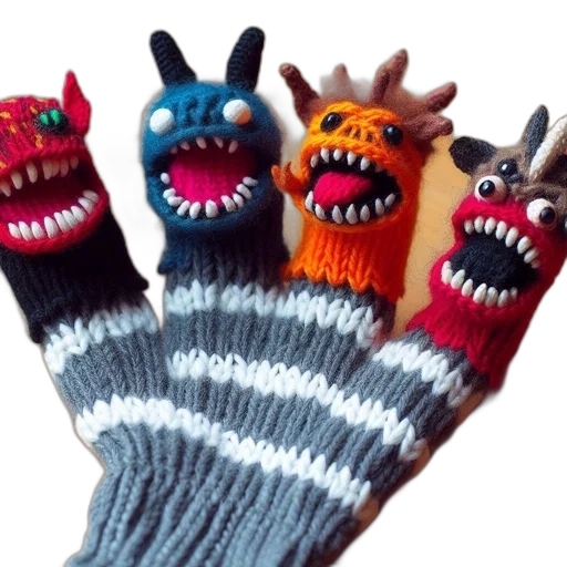 handmade, knitted, puppets, featuring transparent PNG cut-out
