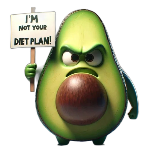 3d render, anthropomorphized, avocado, frowning transparent PNG cut-out