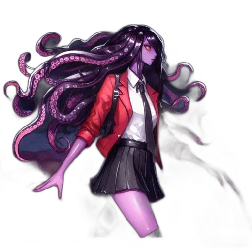 hair, jacket, creature, staff transparent PNG cut-out