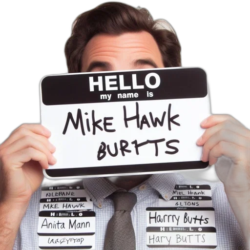 man, holds, name, tag transparent PNG cut-out