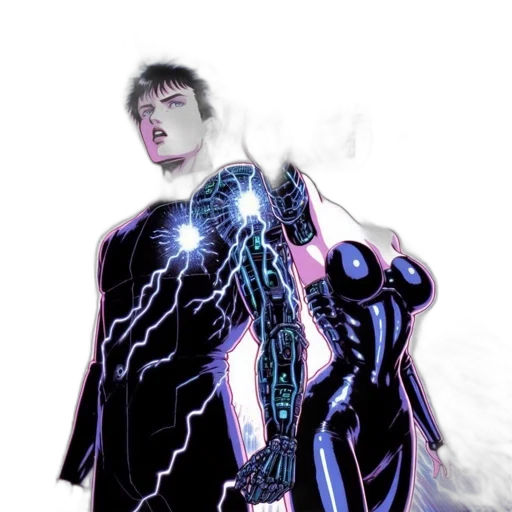 robot, jacket, cyberpunk, comic book art transparent PNG cut-out