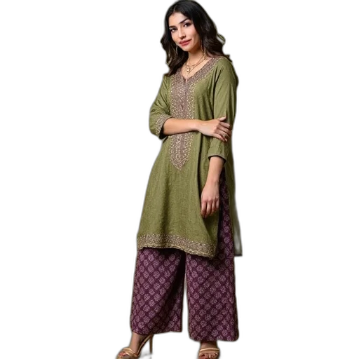 dress, earth tones, green, rayon transparent PNG cut-out