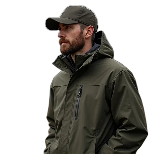 jacket, staff, hat, photorealistic transparent PNG cut-out