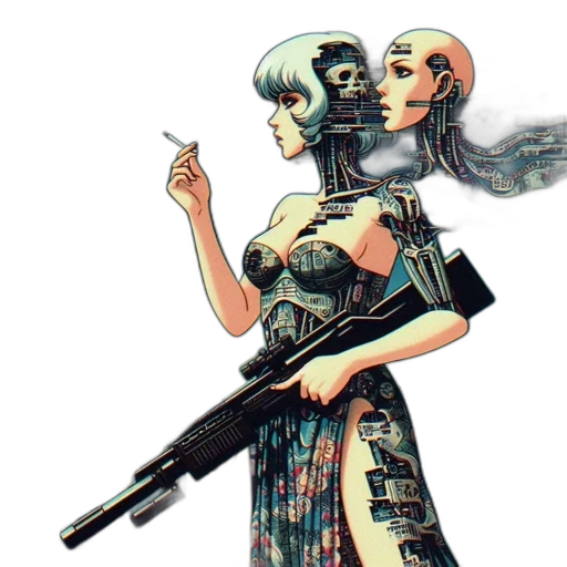 weapon, robot, cyberpunk, vaporwave transparent PNG cut-out
