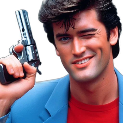 weapon, jacket, face, hair transparent PNG cut-out