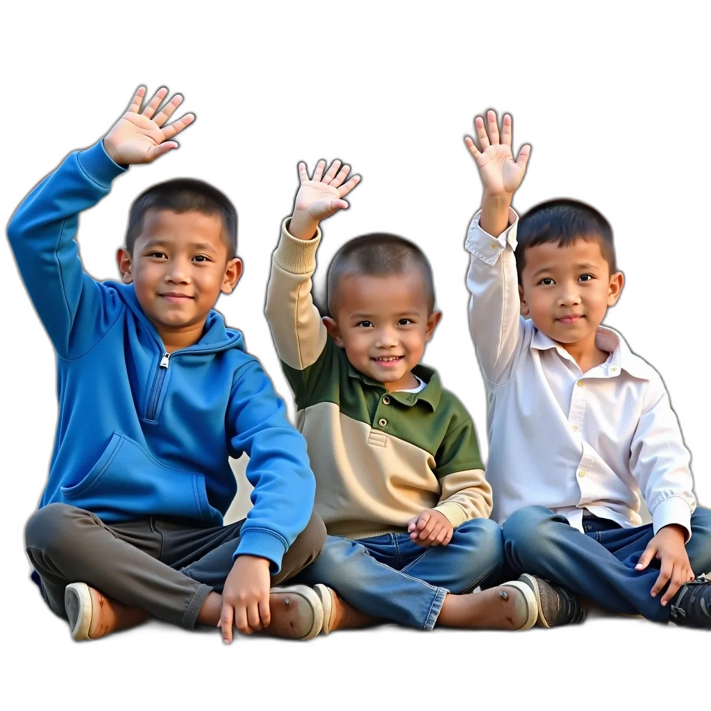 three, children, sitting, ground transparent PNG cut-out