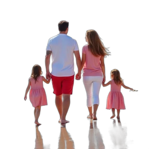 photorealistic, family, four, walking transparent PNG cut-out