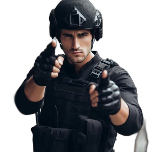 weapon, staff, face, jacket transparent PNG cut-out