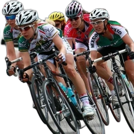 group, cyclists, wearing, helmets transparent PNG cut-out