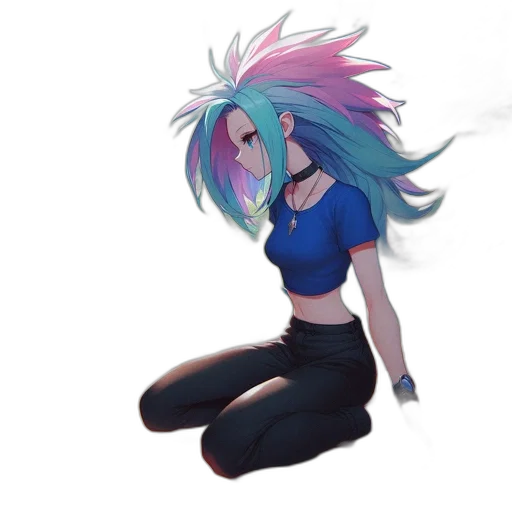hair, creature, jacket, staff transparent PNG cut-out