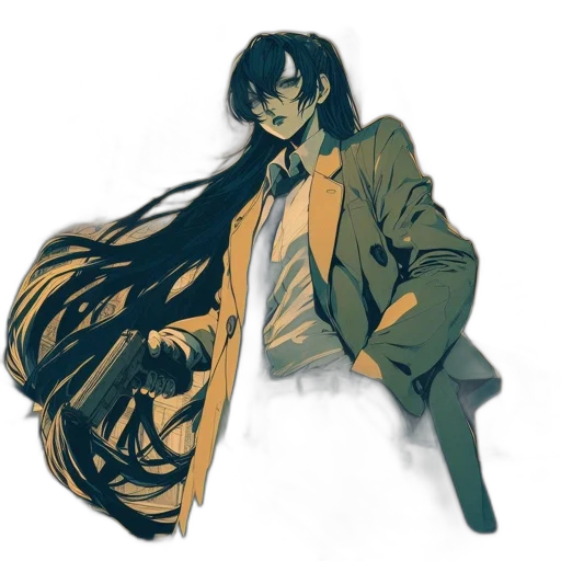 jacket, staff, hair, creature transparent PNG cut-out