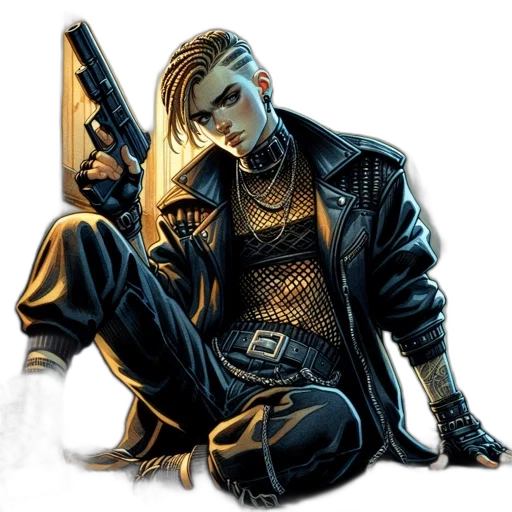 jacket, weapon, cyberpunk, comic book art transparent PNG cut-out