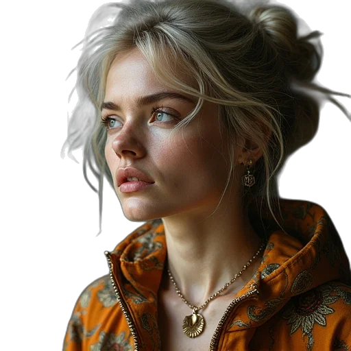 jacket, jewelry, face, hair transparent PNG cut-out