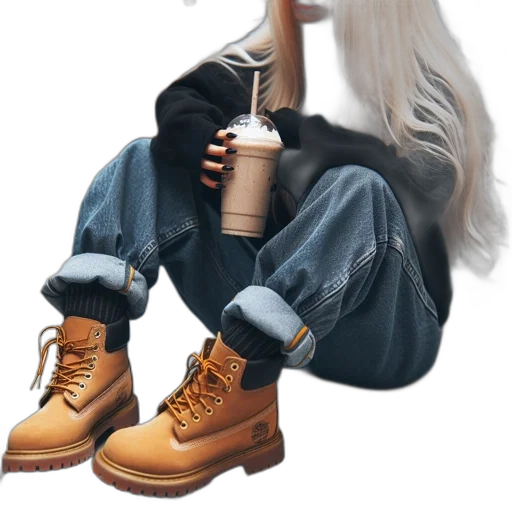 shoes, jacket, hair, photorealistic transparent PNG cut-out