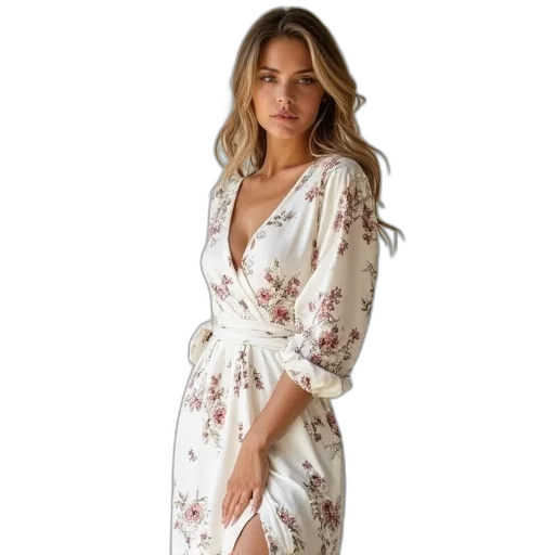 dress, white, floral, midi transparent PNG cut-out