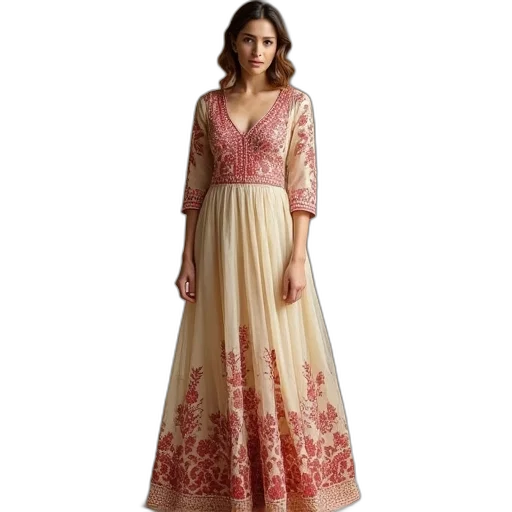 dress, beige, red, embroidered transparent PNG cut-out