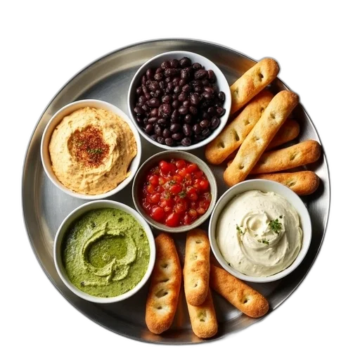 food, variety, dips, breadsticks transparent PNG cut-out