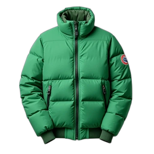 jacket, green, puffer, zipper transparent PNG cut-out