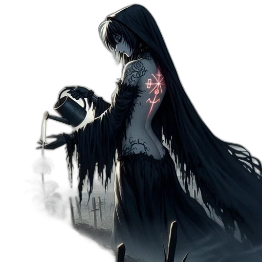 dress, creature, hair, staff transparent PNG cut-out