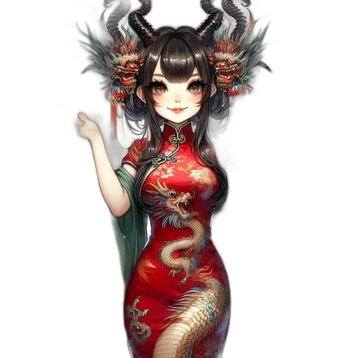 dress, dragon, creature, staff transparent PNG cut-out