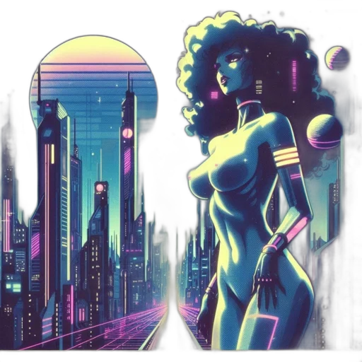 robot, cyberpunk, vaporwave, comic book art transparent PNG cut-out