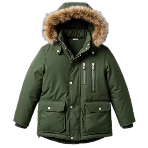 jacket, green, winter, fur-lined transparent PNG cut-out