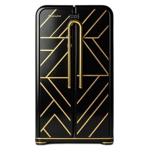retro-style, refrigerator, black, gold transparent PNG cut-out