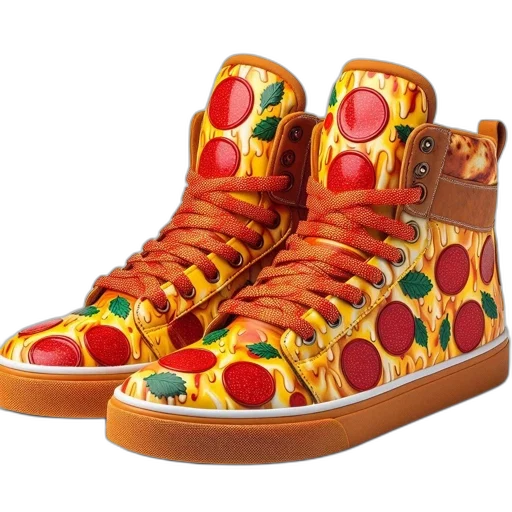 shoes, pizza-themed, sneakers, have transparent PNG cut-out