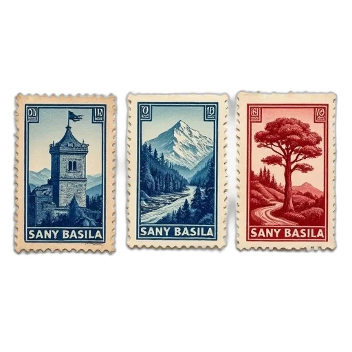 collection, three, vintage, stamps transparent PNG cut-out