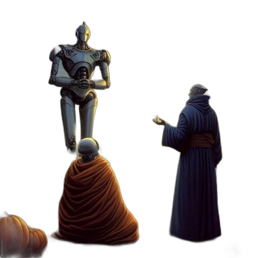 robot, staff, sword, crown transparent PNG cut-out