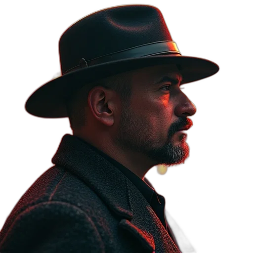 hat, jacket, face, staff transparent PNG cut-out