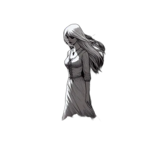 dress, hair, staff, creature transparent PNG cut-out