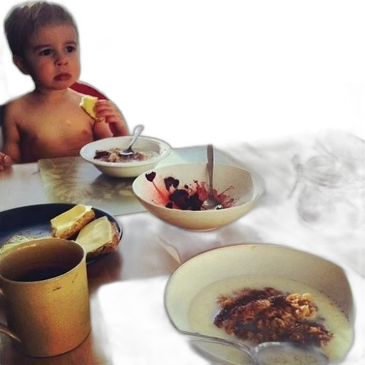 food, child, sits, table transparent PNG cut-out