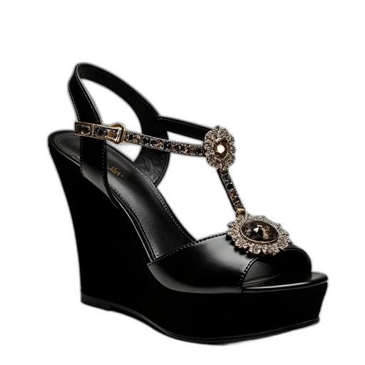 shoes, jewelry, black, wedged transparent PNG cut-out