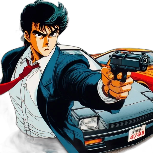 weapon, jacket, car, comic book art transparent PNG cut-out