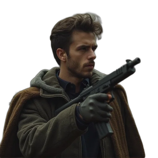 jacket, weapon, face, staff transparent PNG cut-out