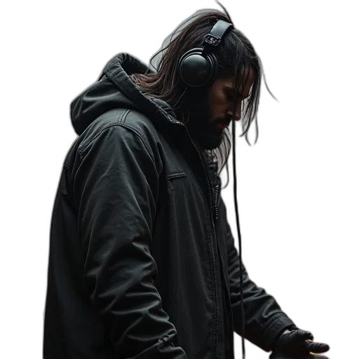 jacket, staff, cyberpunk, photorealistic transparent PNG cut-out