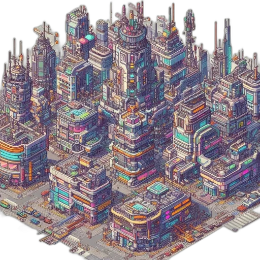 building, robot, cyberpunk, pixel art transparent PNG cut-out