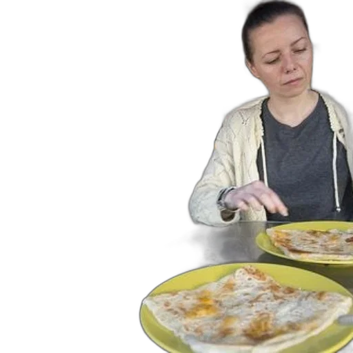 food, woman, sits, table transparent PNG cut-out