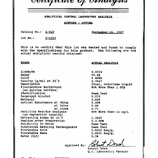 certificate, analysis, acetone, optima transparent PNG cut-out