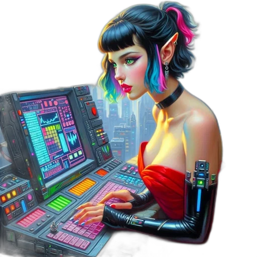 robot, staff, cyberpunk, fantasy art transparent PNG cut-out