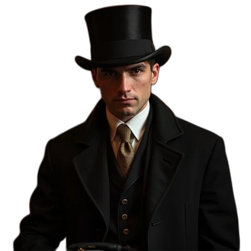 hat, staff, jacket, photorealistic transparent PNG cut-out