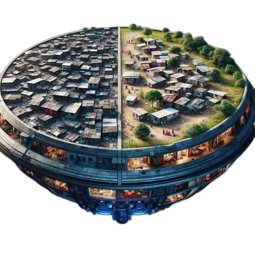 building, 3d render, concept art, disc-shaped transparent PNG cut-out