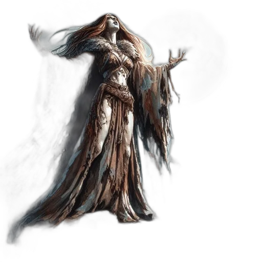 dress, creature, hair, staff transparent PNG cut-out