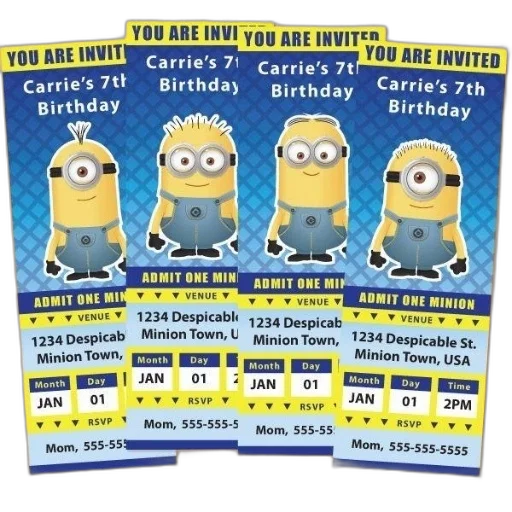four, minion-themed, birthday, invitations transparent PNG cut-out